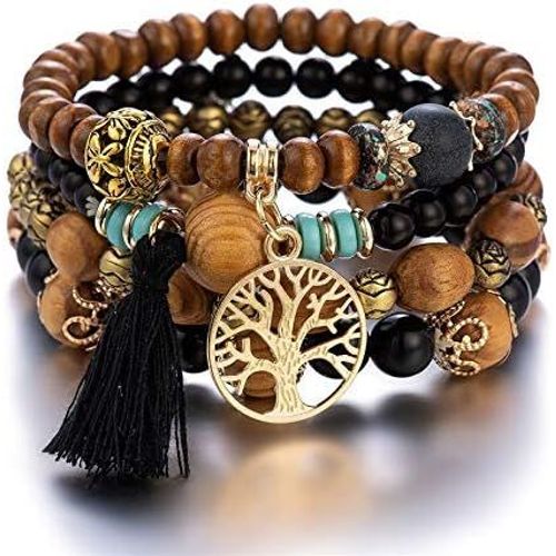 Boho Wood Bead Bracelets For Women With Tassels Tree Of Life Charms 4 Pack[H787]