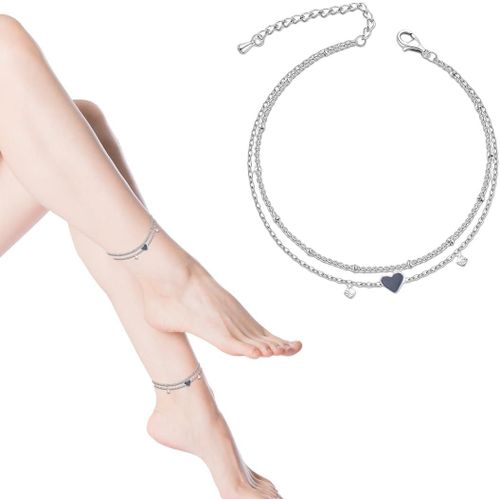 Anklets For Women, Heart Shaped Anklet For Women Double Layer Charm Adjustable Rhinestone Beads Beach Foot Jewelry Gift (Silver)[H778]