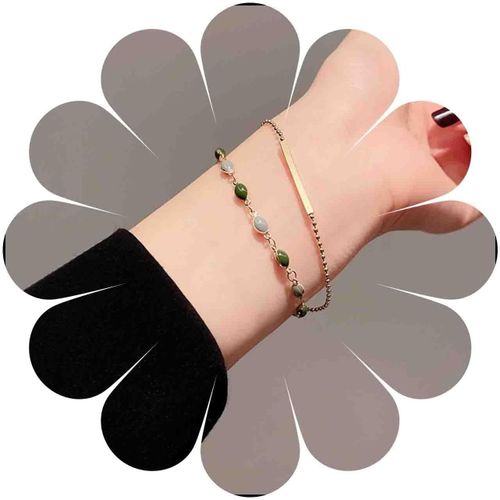 Boho Bracelet Green Beads Layered Anklet Gold Bar Jade Chain Double Layer Jade Chain Bracelet Hand Chain Jewelry For Women And Girls, Zinc[H821]