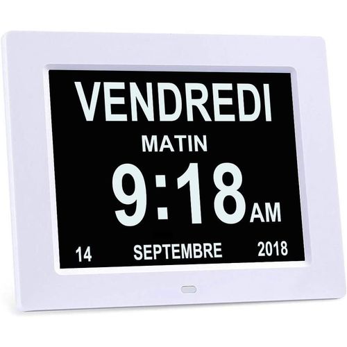 8"" Pouce Lcd Horloge Numérique Calendrier, Date Jour Et Heure Horloge Non-Abrégée Auto Dimming 8 Langues Hd Display Rappel Pour Alzheimer Les Personnes Âgées - Blanc[REV691141]