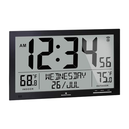 Denver-Horloge Murale Radio-Pilotée-Horloge Numérique Grand Écran-Calendrier Radio-Piloté-Grand Affichage Grands Chiffres-Thermomètre Et Hygromètre-Livré Avec Une Sonde Météo-Piles[REV691905]