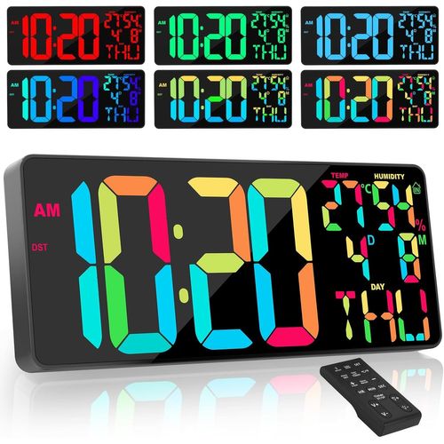 18"" Horloge Numérique Murale Grande À Couleurs Changeantes Rvb, Horloge Calendrier Numérique Avec Télécommande, Température/Date/Jour(8 Langues)/Réveil, Horloge Digitale Led Lumin[REV690278]