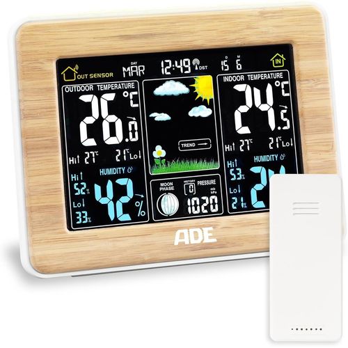 Station Météo Radio Intérieur Avec Capteur Extérieur Sans Fil | Thermomètre, Hygromètre, Baromètre | Prévisions Météo Animées Horloge Radio Réveil | Grand Écran Couleur | Bambou[REV690648]
