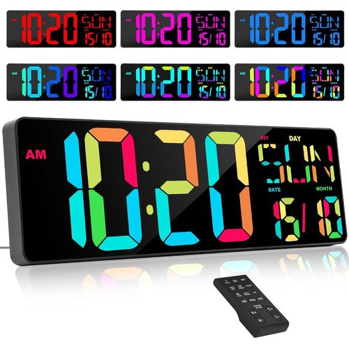Horloge Numérique Murale À Couleurs Changeantes Rvb Avec Télécommande, 17"" Horloge Digitale Led Luminosité Réglable, Horloge Calendrier Numérique Avec Température/Date/Jour(8 Lang[REV690277]