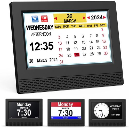 Horloge Numérique Calendrier, 7"" Pouce Lcd Auto Dimming 10 Langues Avec Date Jour Et Heure Horloge Non-Abrégée, Plusieurs Modes Pour Vision Altérée Alzheimer Les Personnes Âgées - [REV690506]