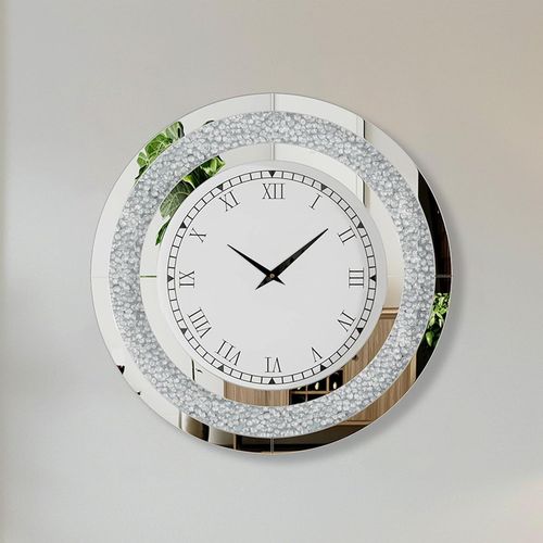 Grande Horloge Murale Silencieuse: Argent Diamant Horloge Murale Design Moderne 60Cm Cristale Pendules Murales Ronde En Miroir Horloge Murale Geante Décoratif Montre Murale Salon C[REV691626]