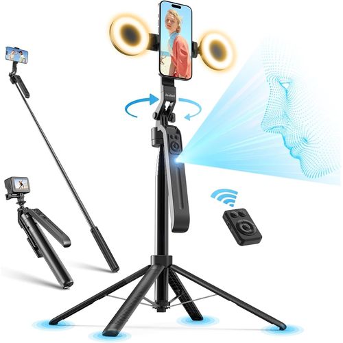Trépied À Suivi Automatique Du Visage - 180Cm Perches Selfie Extensible Avec Lumière Led/Commande Gestuelle/No App/360° Rotatif - Stabilisateur De Cardan Pour Téléphone Dslr De Vid[VIT694615]
