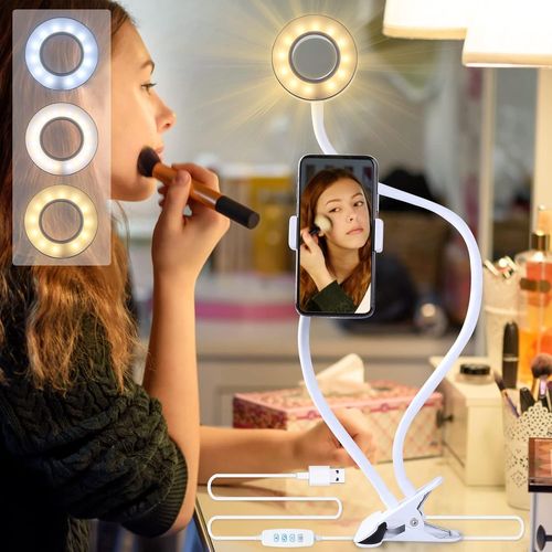 Selfie Ring Light Avec Col De Cygne 24"", 3 Modes D'Eclairage, Support De Téléphone Portable, Lumière Dimmable Pour Maquillage, Photos, Vidéos, Lectures, Live Streaming[VIT695799]