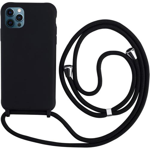 Verg Coque Avec Collier Compatible Avec Iphone 15 Pro Max, Tour De Cou Lanière En Corde Pendentif Housse, Silicone Souple Noir