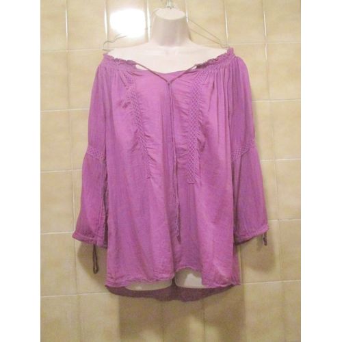 Haut Tunique Blouse Rose Violet Clair Style Bohème, Soie Coton, Lien, Manches Évasées, T. 42 Taille Réelle