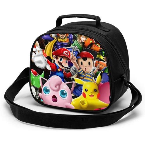 Super Smash Bros Kirby Pikachu Mario Sac de repas pour enfants Sac fourre-tout isotherme thermique avec bandoulière Bento portable, boîte de rangement des aliments chauds, boîte à déjeuner pour enfants