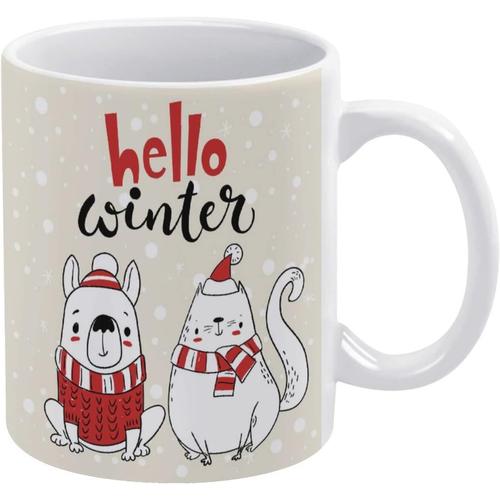 Tasse A Cafe De Dessin Anime De Xmas Chien Chat Bonjour Tasse En Ceramique D'hiver Tasses A Boire Tasses A Cafe Blanches 11oz Pour Le Bureau A La Maison