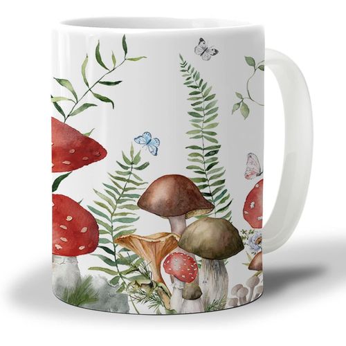 Tasse A Cafe Champignon Rouge 330ml, Plante Verte Fleur Sauvage Papillon Blanc Tasse A The De Bureau Cadeaux D'anniversaire Droles