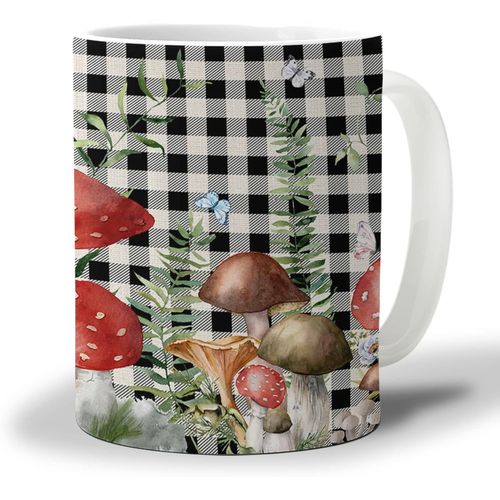 Tasse A Cafe Champignon Rouge 330ml, Plante Verte Fleur Sauvage Papillon Noir Blanc Plaid Bureau Tasse A The Cadeaux D'anniversaire Droles