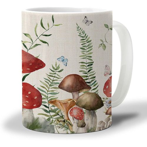 Tasse A Cafe Champignon Rouge 330ml, Plante Verte, Fleurs, Papillon, Texture Toile De Jute, Tasse A The De Bureau, Cadeaux D'anniversaire Amusants