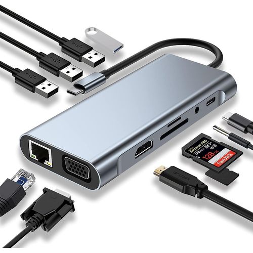 Hub Usb C, Adaptateur Usb C 11 En 1 Avec 4K-Hdmi, Vga, Usb 3.0, Type C Pd, Ethernet Rj45, Lecteur De Carte Sd/Tf, Aux 3,5 Mm, Compatible Avec Macbook Pro/Air, Plus Type C Dispositi[VIT690437]