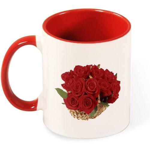Roses Rouges Panier En Bambou Feuilles Vertes Florales Belle Tasse A Cafe De Couleur, Tasse En Ceramique 330 Ml, Cadeau De Sante Pour Les Amis Pere Mere