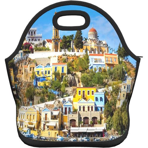 Beautiful Sea Wave Portable Bento Bag Outdoor - Sac fourre-tout étanche pour le déjeuner - Belle vue sur la mer et maisons colorées