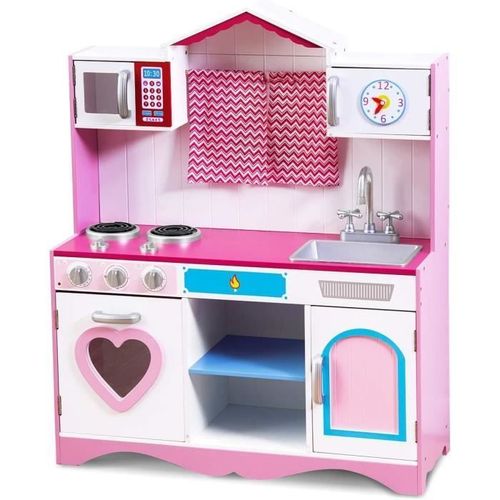 Costway Cuisine Enfants 3 Ans+ En Bois Effect Son Et Lumière, Avec Micro-Ondes, Evier Et Horloge Ludique 82 X 30 X 100,5 Cm Rose