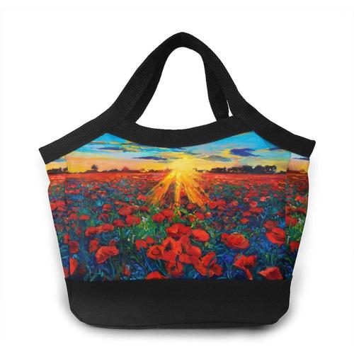 Plum Blossom Portable Lunch Bag Tote Bags - Poppy Flower Field