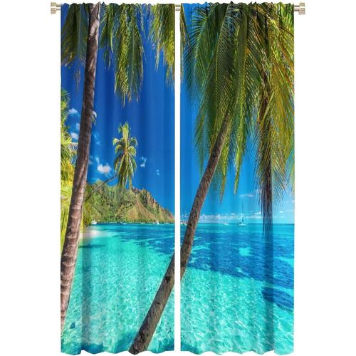 Rideaux De Plage Theme Palmier Tropical, Vue Claire Sur La Mer, Bleu Turquoise, Passe-Tringle, Rideaux De Fenetre Occultants Pour Decoration De Chambre A Coucher Et De Salon
