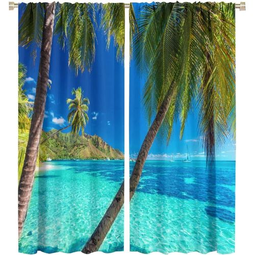 Rideaux De Plage Theme Palmier Tropical, Vue Claire Sur La Mer, Bleu Turquoise, Passe-Tringle, Rideaux De Fenetre Occultants Pour Decoration De Chambre A Coucher Et De Salon
