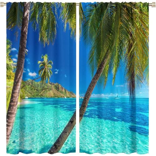 Rideaux De Plage Theme Palmier Tropical, Vue Claire Sur La Mer, Bleu Turquoise, Passe-Tringle, Rideaux De Fenetre Occultants Pour Decoration De Chambre A Coucher Et De Salon