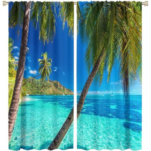 Rideaux De Plage Theme Palmier Tropical, Vue Claire Sur La Mer, Bleu Turquoise, Passe-Tringle, Rideaux De Fenetre Occultants Pour Decoration De Chambre A Coucher Et De Salon