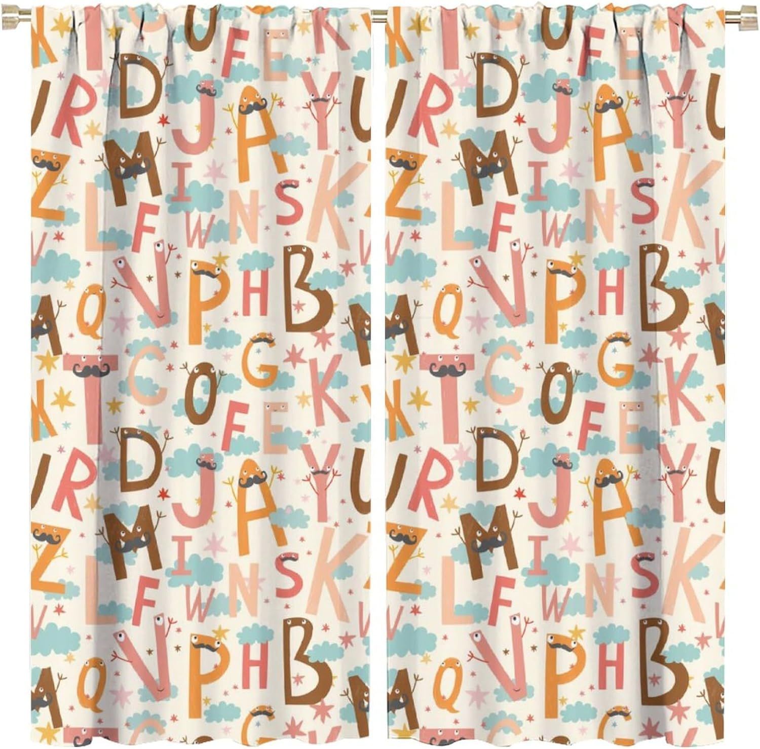 Rideaux De L'alphabet Pour Enfants, Dessin Anime Abc, Style Pour Enfants, Poche A Tige, Rideaux De Fenetre Occultants, Decor De Bibliotheque Scolaire A Domicile