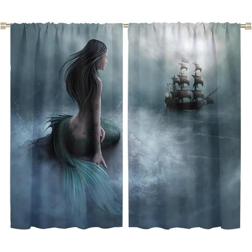 Rideaux De Sirene, Nuit Brumeuse, Dessin Medieval, Theme Bateau De Pirate, Avec Tige De Poche, Draperies De Fenetre Occultantes, Decor De Cafe De Chambre A Coucher