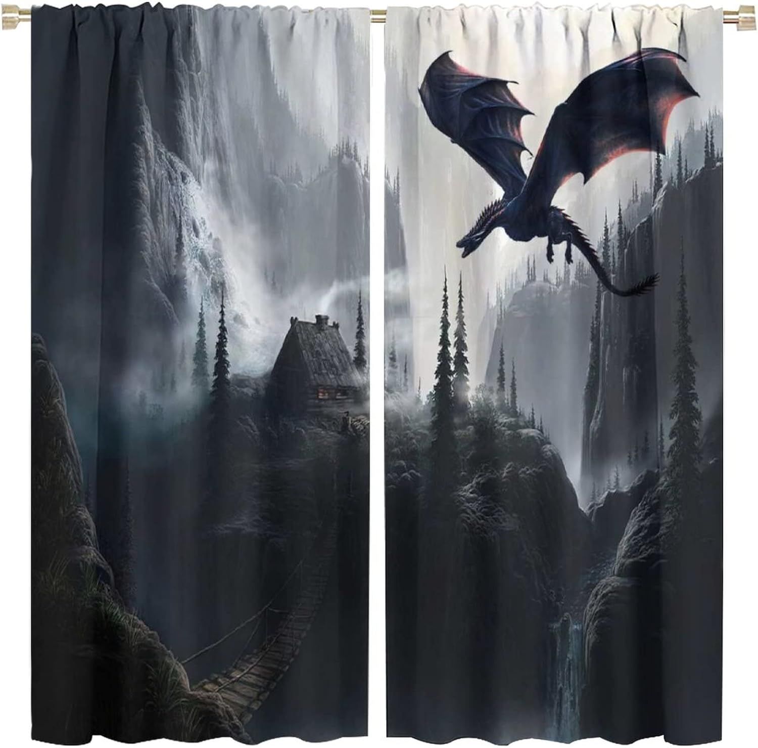 Rideaux De Dragon Cool, Misty Forest Valley Fantasy Black Dragon Rod Pocket Rideaux Occultants Pour Chambre A Coucher, Rideaux De Traitement De Fenetre Assombrissants