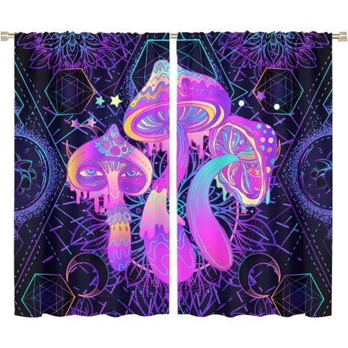 Rideaux Occultants Geometriques Abstraits En Forme De Champignon, Motif Neon, Champignon Magique Psychedelique, Traitement De Fenetre A Passe-Tringle Pour Chambre A Coucher