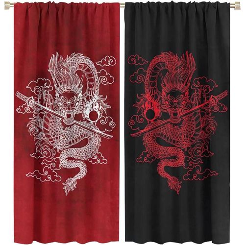 Rideau De Dragon Japonais, Rideaux Occultants Avec Epee De Dragon De Samoura? Japonais, Galaxie Fantastique, Bleu Cyan, Pour Chambre A Coucher, Rideaux De Fenetre A Passe-Tringle