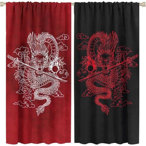 Rideau De Dragon Japonais, Rideaux Occultants Avec Epee De Dragon De Samoura? Japonais, Galaxie Fantastique, Bleu Cyan, Pour Chambre A Coucher, Rideaux De Fenetre A Passe-Tringle
