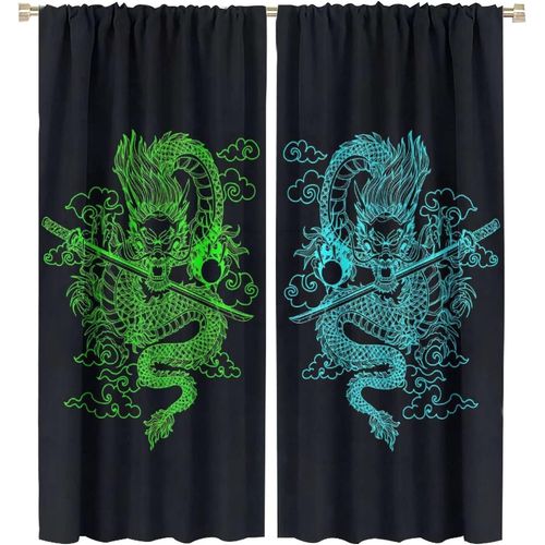 Rideau De Dragon Japonais, Rideaux Occultants Avec Epee De Dragon De Samoura? Japonais, Galaxie Fantastique, Bleu Cyan, Pour Chambre A Coucher, Rideaux De Fenetre A Passe-Tringle