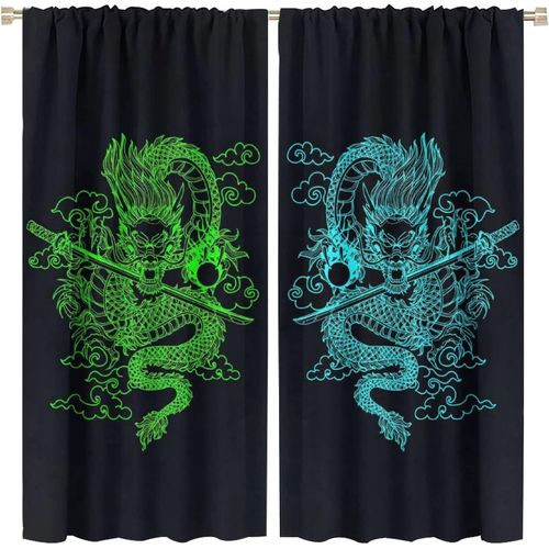 Rideau De Dragon Japonais, Rideau Occultant D'epee De Dragon De Samoura? Japonais Bleu Cyan De Galaxie Fantastique, Rideaux De Fenetre - Rideau Assombrissant De Piece