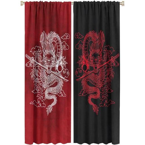 Rideau De Dragon Chinois, Galaxie Fantastique Rouge Noir Chinois Samoura? Dragon Epee Tringle A Poche Rideaux Occultants Pour Salon, Rideau De Chambre A Coucher