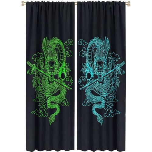 Rideau De Dragon Japonais, Rideaux Occultants Avec Epee De Dragon De Samoura? Japonais, Galaxie Fantastique, Bleu Cyan, Pour Chambre A Coucher, Rideaux De Fenetre A Passe-Tringle