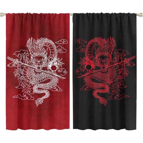 Rideau De Dragon Chinois, Rideau Occultant D'epee De Dragon De Samoura? Chinois Rouge Noir De Galaxie Fantastique, Traitement De Fenetre - Et Rideau Assombrissant