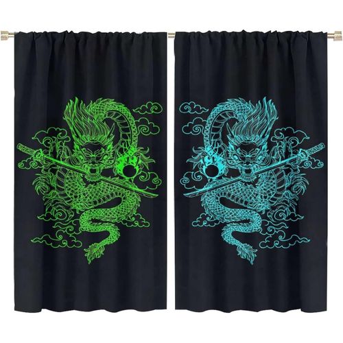 Rideau De Dragon Japonais, Rideaux Occultants Avec Epee De Dragon De Samoura? Japonais, Galaxie Fantastique, Bleu Cyan, Pour Chambre A Coucher, Rideaux De Fenetre A Passe-Tringle