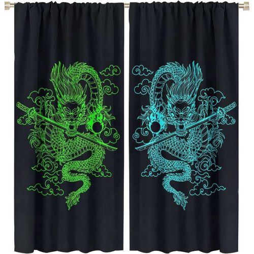 Rideau De Dragon Japonais, Galaxie Fantastique, Bleu Cyan, Epee De Dragon De Samoura? Japonais, Rideaux Occultants Pour Chambre A Coucher, Rideaux De Fenetre, Rideau Assombrissant