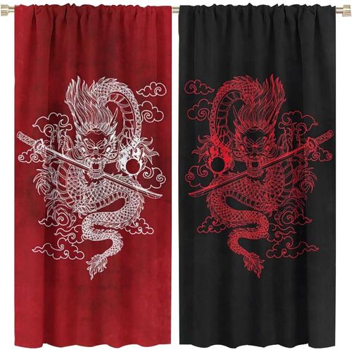 Rideau De Dragon Japonais, Rideaux Occultants Avec Epee De Dragon De Samoura? Japonais, Galaxie Fantastique, Bleu Cyan, Pour Chambre A Coucher, Rideaux De Fenetre A Passe-Tringle