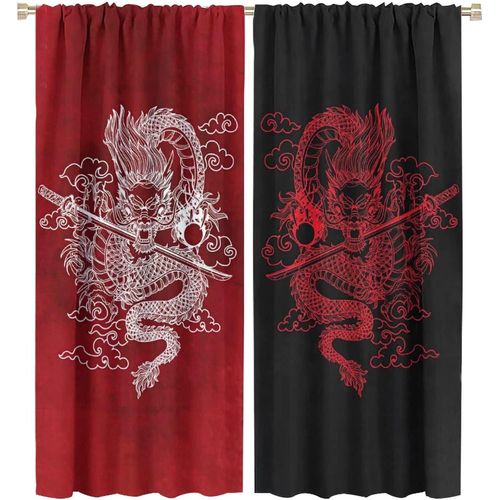 Rideau De Dragon Japonais, Rideaux Occultants Avec Epee De Dragon De Samoura? Japonais, Galaxie Fantastique, Bleu Cyan, Pour Chambre A Coucher, Rideaux De Fenetre A Passe-Tringle
