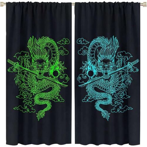 Rideau De Dragon Japonais, Rideaux Occultants Avec Epee De Dragon De Samoura? Japonais, Galaxie Fantastique, Bleu Cyan, Rideaux De Fenetre A Passe-Tringle Pour Le Salon