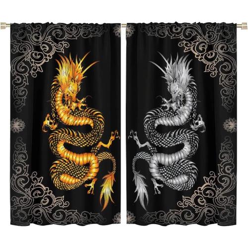 Rideaux Dragon Cool, Rideaux Occultants Fantaisie Dragon Chinois Gris Dore Pour Chambre A Coucher, Rideaux De Fenetre A Passe-Tringle