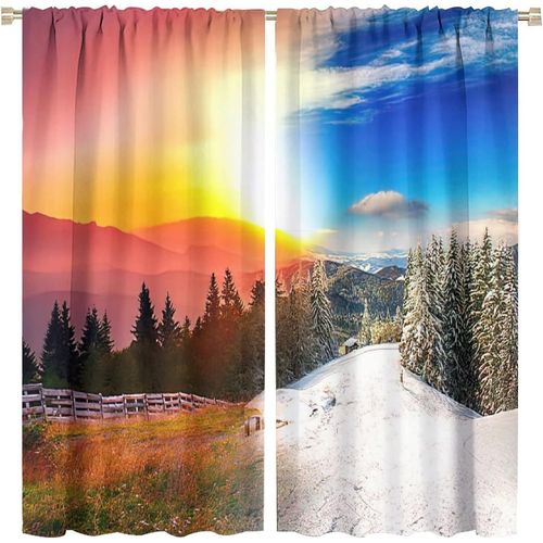 Beaux Rideaux Quatre Saisons, Printemps Ete Automne Hiver Sur Des Rideaux Occultants A Passe-Tringle En Bois Raye Pour Chambre A Coucher, Rideaux De Chambre Assombrissants