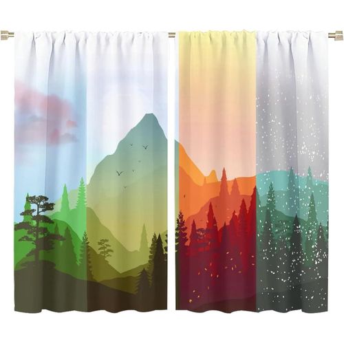 Beaux Rideaux Quatre Saisons, Printemps Ete Automne Hiver Sur Des Rideaux Occultants A Passe-Tringle En Bois Raye Pour Chambre A Coucher, Rideaux De Chambre Assombrissants