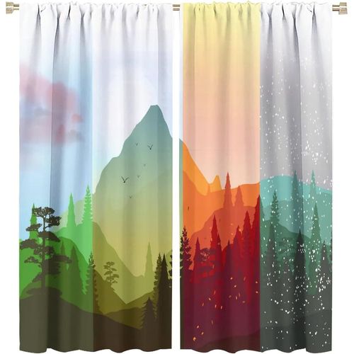 Beaux Rideaux Quatre Saisons, Printemps Ete Automne Hiver Sur Des Rideaux Occultants A Passe-Tringle En Bois Raye Pour Chambre A Coucher, Rideaux De Chambre Assombrissants