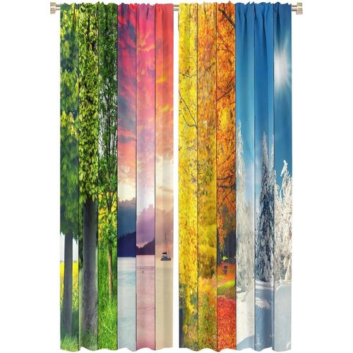 Beaux Rideaux Quatre Saisons, Printemps Ete Automne Hiver Sur Des Rideaux Occultants A Passe-Tringle En Bois Raye Pour Chambre A Coucher, Rideaux De Chambre Assombrissants