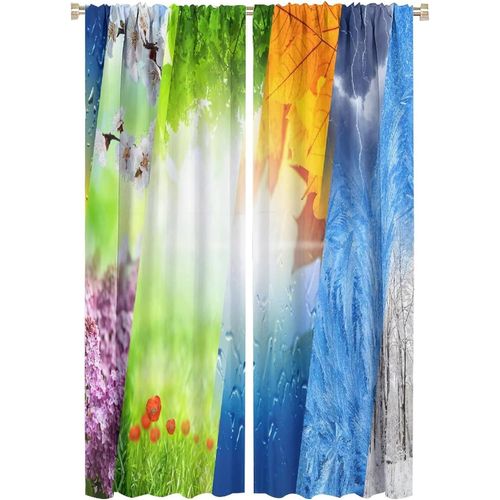 Beaux Rideaux Quatre Saisons, Printemps Ete Automne Hiver Sur Des Rideaux Occultants A Passe-Tringle En Bois Raye Pour Chambre A Coucher, Rideaux De Chambre Assombrissants